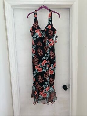 Guess Black Midi Dress with Coral and Seafoam Floral Print